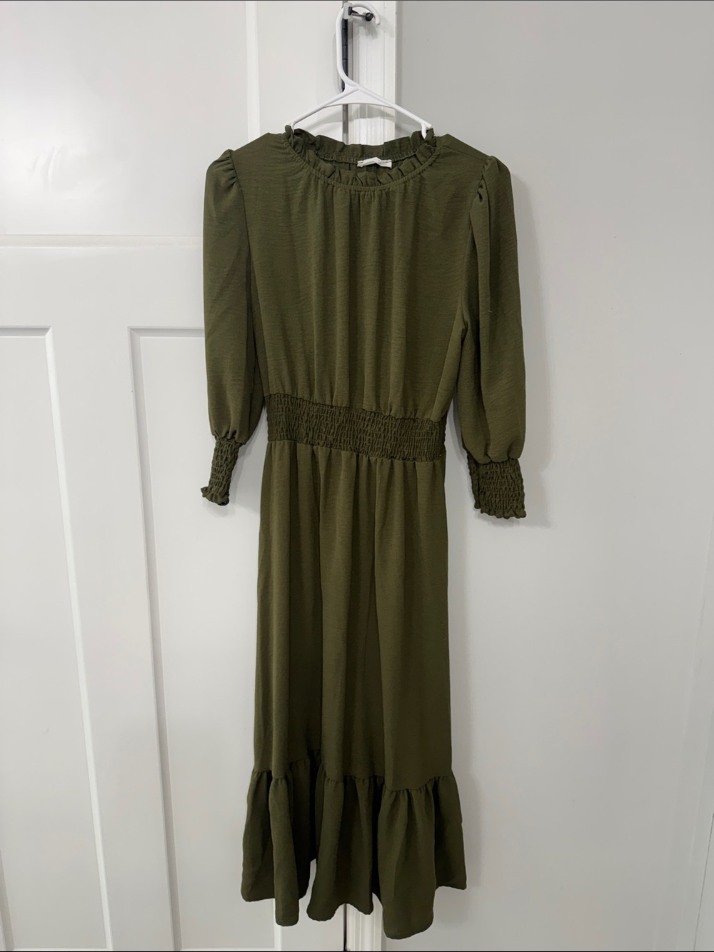 Reborn J Olive Green Smocked Midi Dress